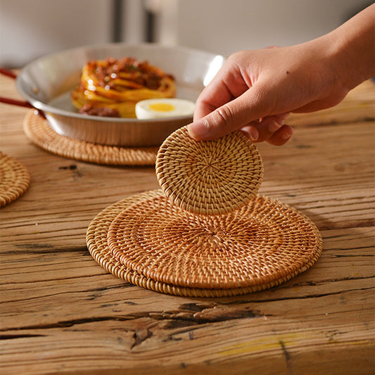 Handmade Natural Rattan Coasters for Drinks, Wicker Boho Coasters, Woven Coasters for Drinks | Heat Resistant Reusable Saucers, Round Straw Trivet for Teacup, Set of 6 with Holder 3.93 inches