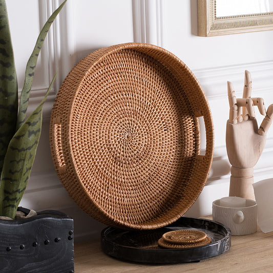 Coffee Table Tray Round Rattan Woven Serving Trays with Handles for Home and Kitchen Decorative Natural